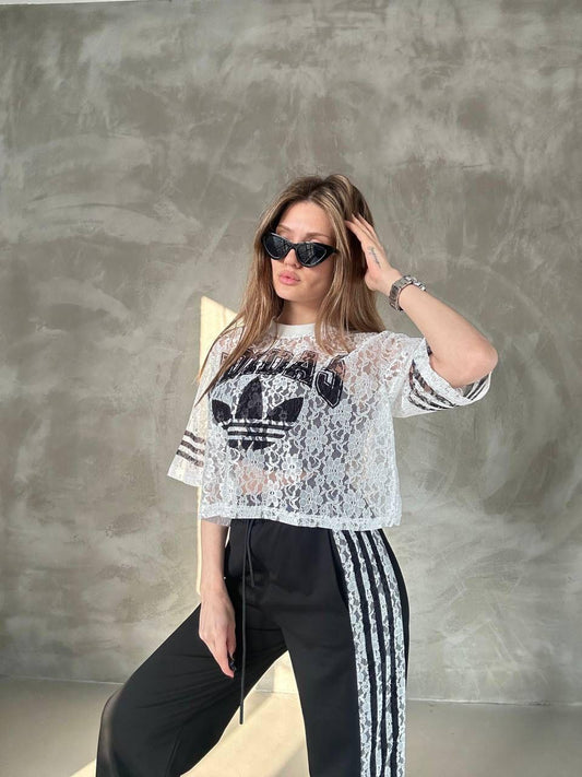 Compleu 3 piese Damă Floral Alb Negru